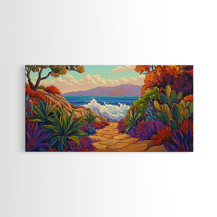Ocean Path, Sunset, Nature, Canvas Print vibrant coastal wall art, autumn cactus decor, tropical landscape painting, entryway art