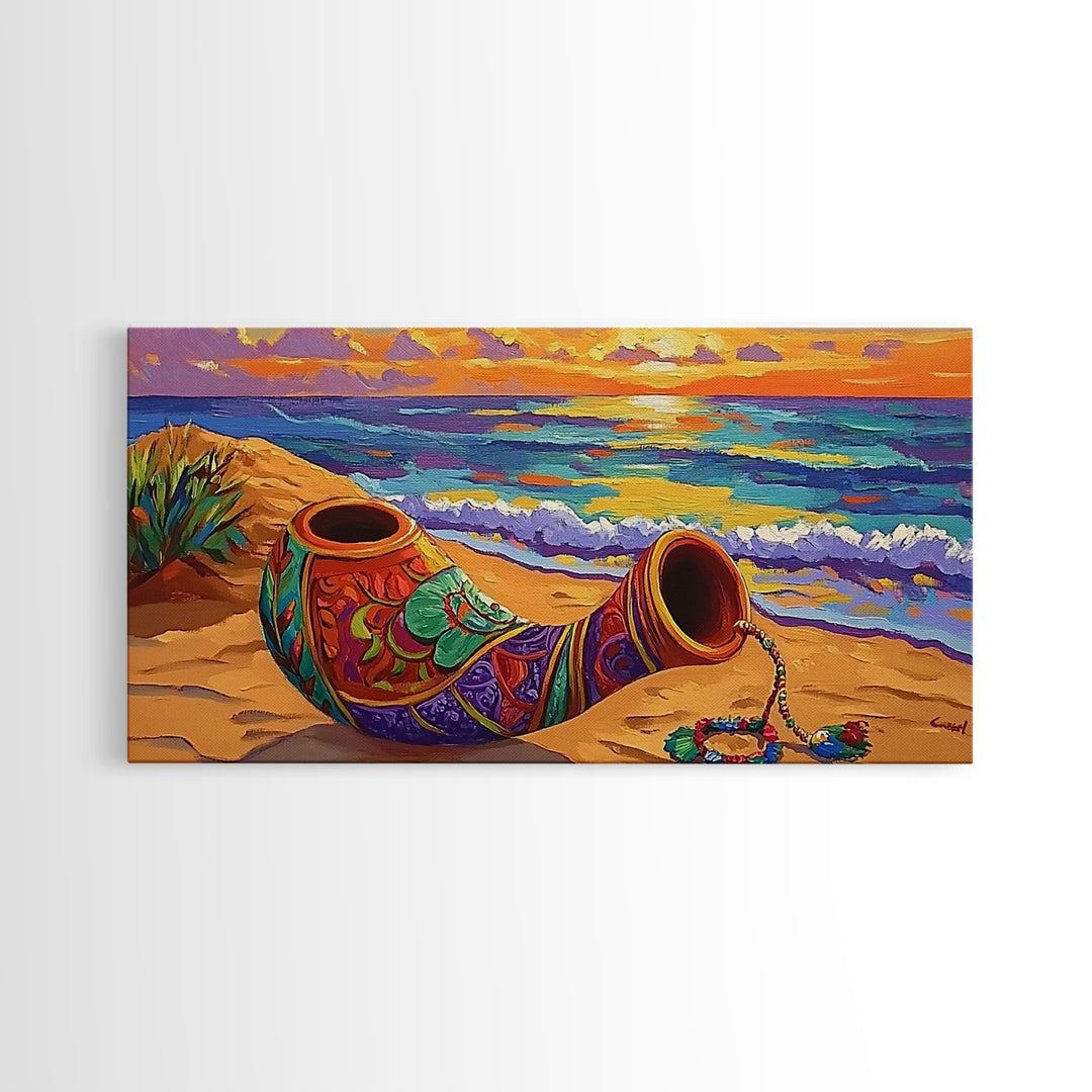 Horn Sand, Sunset, Shore, Framed Canvas Print boho beach decor, living room Mexican art, coastal horn painting, rustic folk art