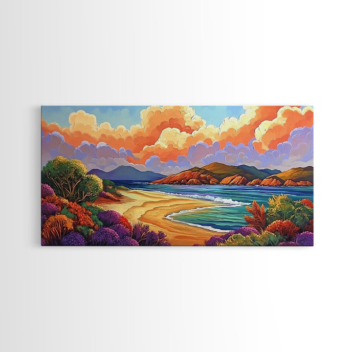 Beach Clouds, Coastal, Pastel, Framed Canvas Print soft tropical seascape painting, ocean view boho art, serene living room print