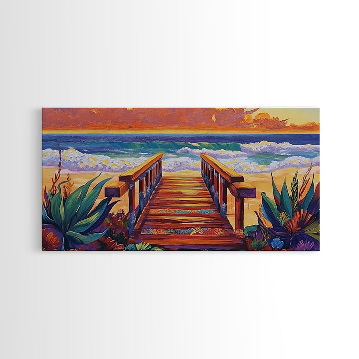 Beach Boardwalk, Sunset, View, Framed Canvas Print, boardwalk to beach, Coastal Entryway Art, sunset seascape painting, ocean cottage