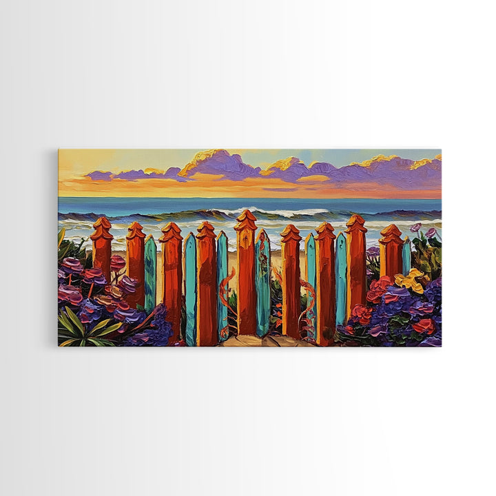 Ocean Fence, Flowers, Canvas Print, Coastal Wall Art, Beach House Decor, Nautical Art, Seaside Painting, Sunset Art, Vibrant Living Room