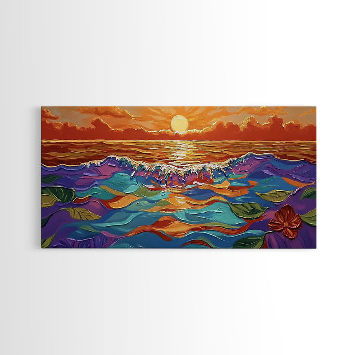 Ocean Sunset, Petals, Framed Canvas Print, Beachy Living Room Decor, Vibrant Seascape Art, Tropical Floral Painting, Boho Home Accent