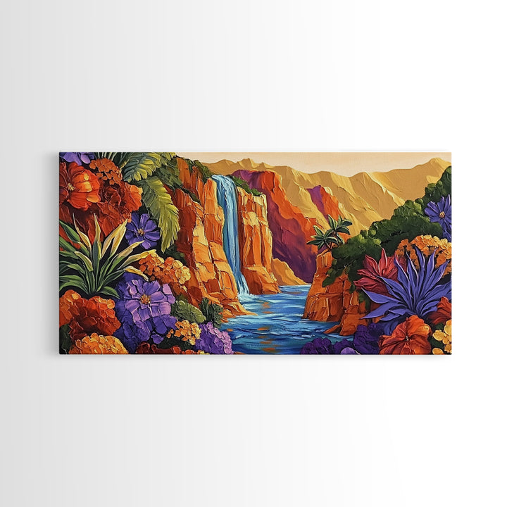 Canyon Waterfall, Desert Bloom, Sunset Rocks, Framed Canvas Print, Nature Landscape Wall Art, Boho Bedroom or Office Decor