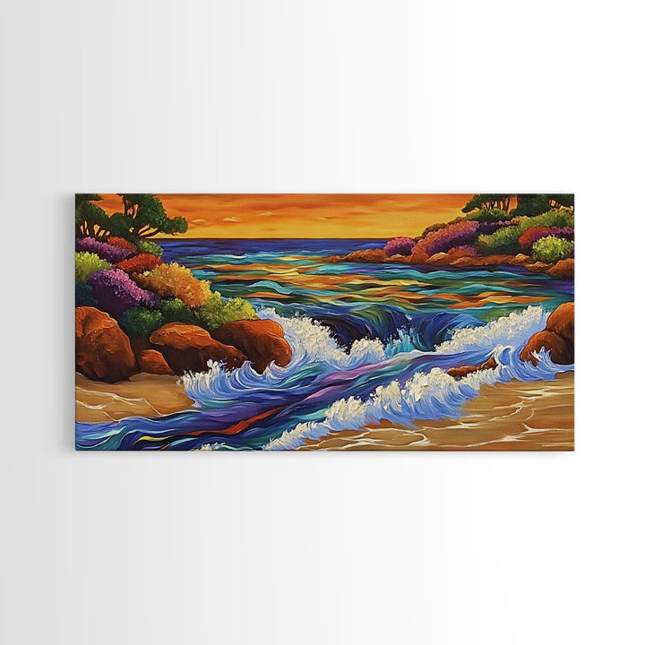 Coastal Stream, Sunset Shore, Nature Escape, Canvas Print, Tropical Landscape Wall Art, Vibrant Living Room or Office Decor