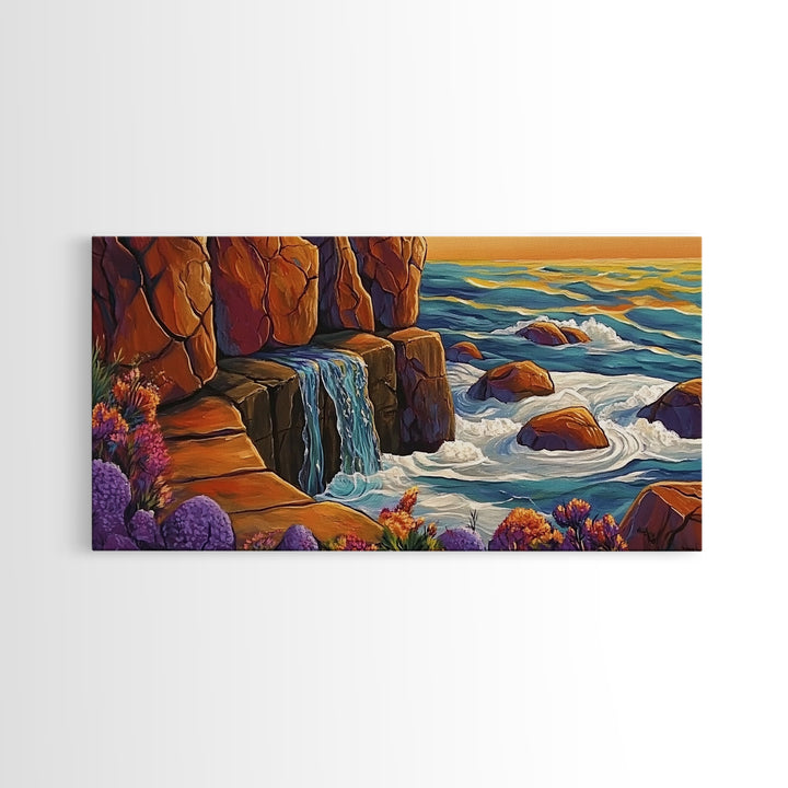 Cliffside Waterfall, Ocean Swirls, Sunset Tide, Framed Canvas Print, Nature Landscape Wall Art, Bold Boho Living Room Decor