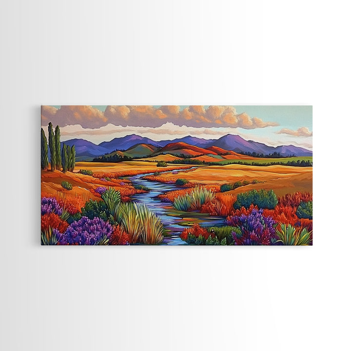 Autumn River, Golden Fields, Mountain View, Canvas Print, Fall Landscape Wall Art, Rustic Living Room Art, Seasonal Entryway Decor