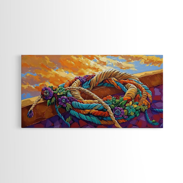 Desert Rope, Western Decor, Rustic Sunset, Framed Canvas Print, Southwestern Wall Art, Bold Kitchen or Ranch Style Office Decor