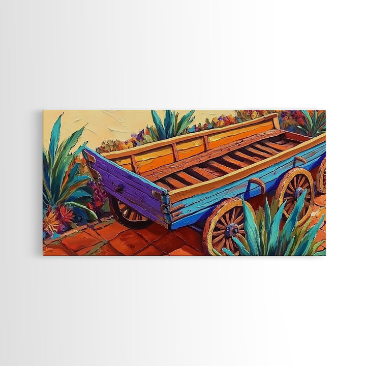 Painted Wagon, Rustic Charm, Color Pop, Framed Canvas Print, Western Farmhouse Wall Art, Vibrant Kitchen Print, Entryway Decor
