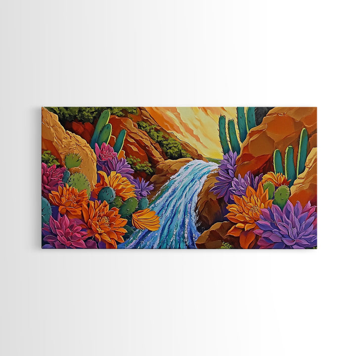 Cactus Canyon, Flowers, Waterfall, Framed Canvas Print Bright desert wall art, boho botanical painting, vibrant hallway home decor