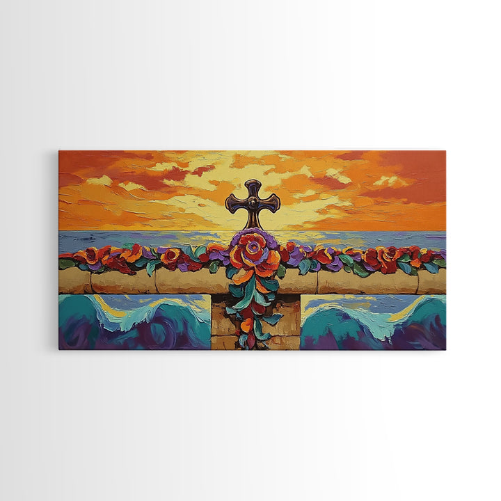Cross Sunset, Flowers, Spiritual, Coastal Cross Sunset Framed Canvas Print, Christian Wall Art, Floral Beach Decor, Living Room Art