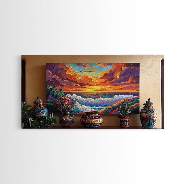 Sunset Ocean, Waves, Vibrant, Coastal Landscape Framed Canvas Print, Living Room Wall Art, Bold Color Art, Tropical Beach Sunset Decor