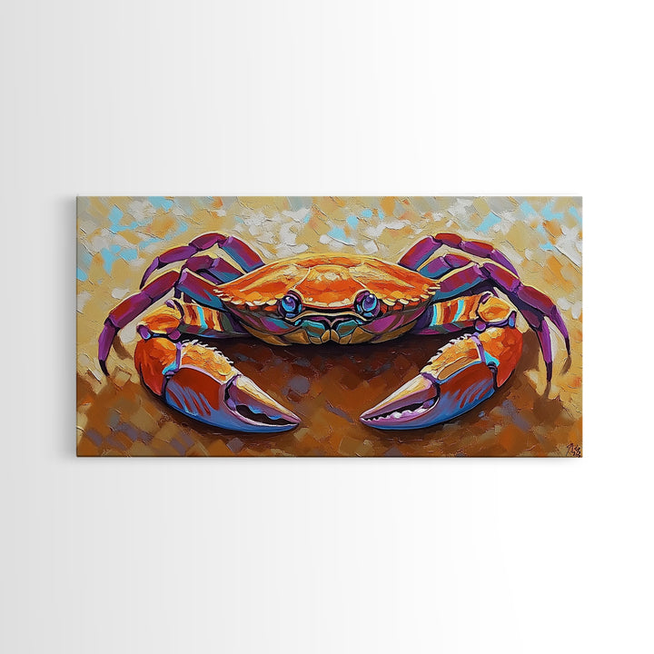 Crab Beach, Bold, Colorful, Coastal Sea Life Framed Canvas Print, Bathroom Wall Art, Nautical Art, Beach House Decor, Ocean Art