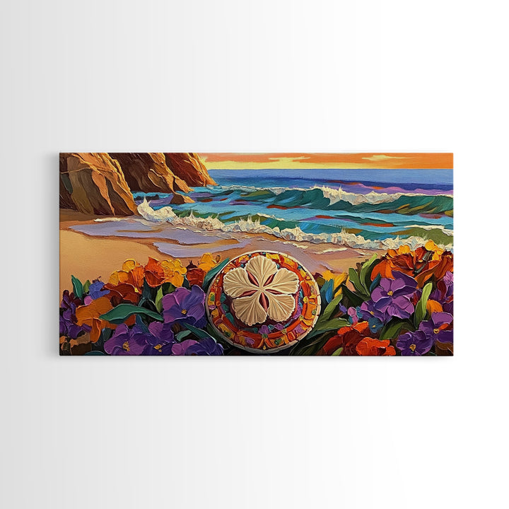 Ocean Beach, Flower, Sand Dollar, Coastal Beach Scene Framed Canvas Print, Bathroom Wall Art, Tropical Seaside Decor, Coastal Painting