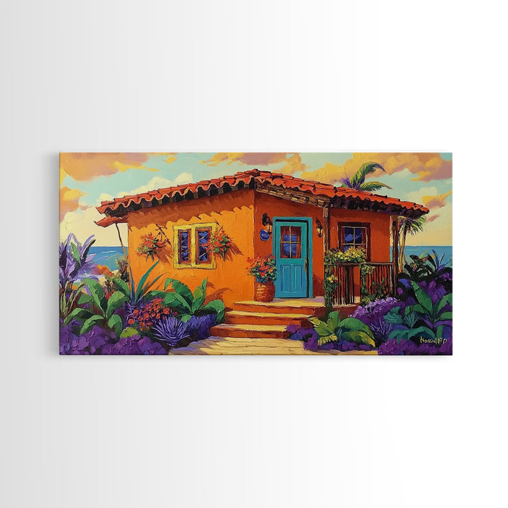 Casita Tropical, Sunset, Garden, Framed Canvas Print, Mexican villa painting, rustic kitchen decor, vibrant coastal house wall art