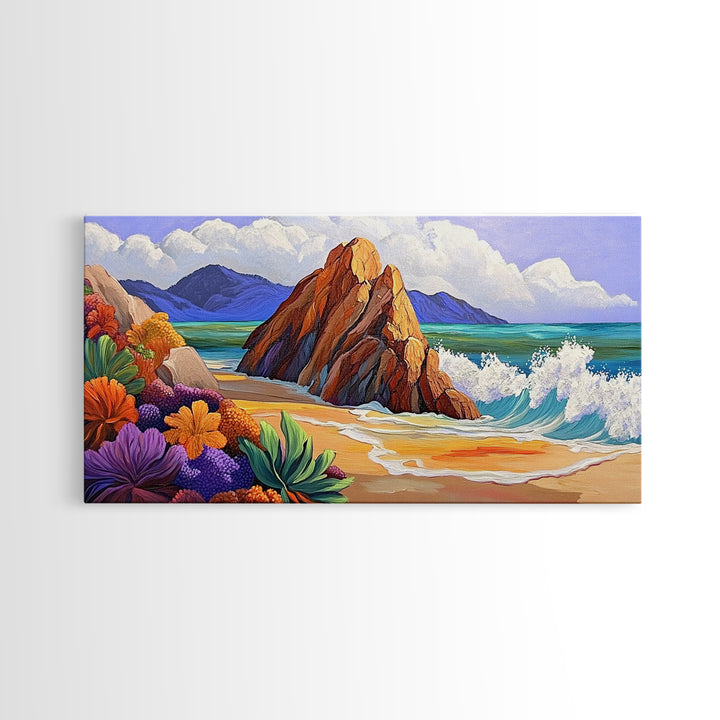 Rocks Beach, Flowers, Ocean, Framed Canvas Print, colorful tropical seascape, modern coastal wall art, bright nature themed decor