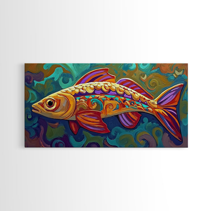 Colorful Fish, Wall, Art, Framed Canvas Print, Boho ocean wall decor, coastal bathroom wall art, whimsical undersea painting kitchen