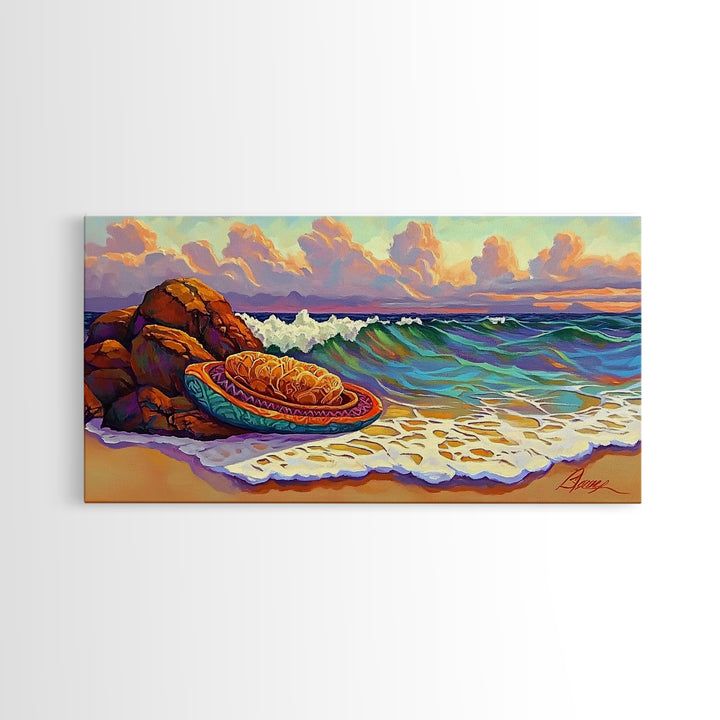 Conchas Beach, Sunset, Waves, Canvas Print, Mexican sweet bread art, kitchen wall decor, colorful bakery art, beach wall painting