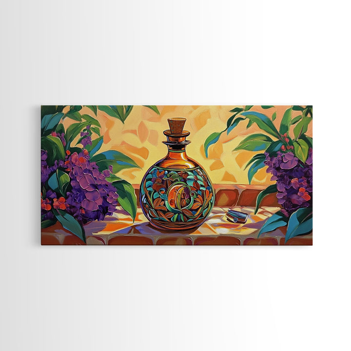 Tequila Bottle, Floral, Decor, Framed Canvas Print, Mexican kitchen wall art, vibrant bottle painting, fiesta bar wall boho artwork