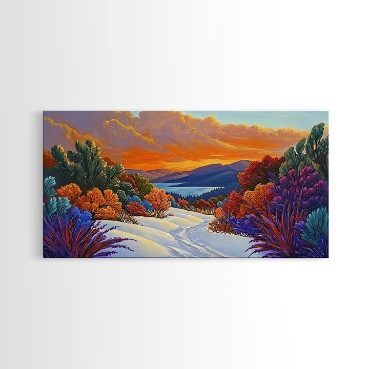 Winter Sunset, Lake, Trees, Framed Canvas Print, Autumn cabin wall art, colorful landscape living room decor, mountain snow painting