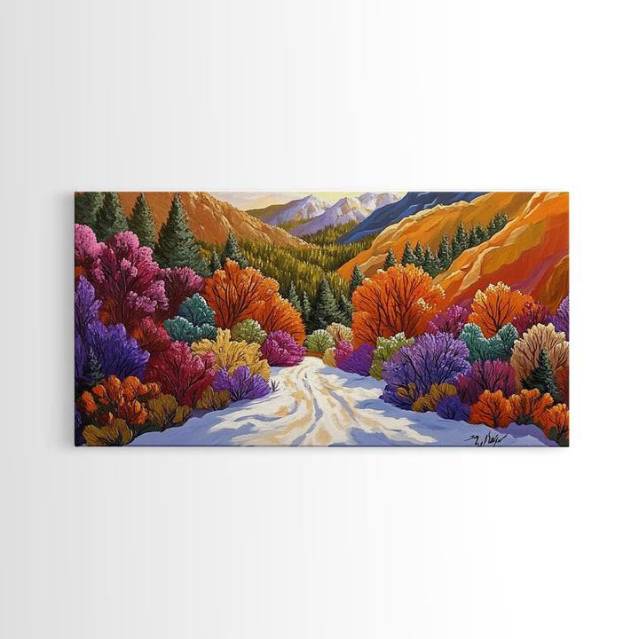 Autumn Forest, Snow, Trail, Canvas Print, Fall landscape painting, cabin wall decor, cozy mountain art, vibrant rustic hallway print