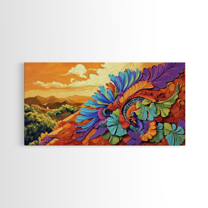 Colorful Feather, Design, Sunset, Framed Canvas Print, southwest wall art, abstract boho style, living room wall art, desert tones