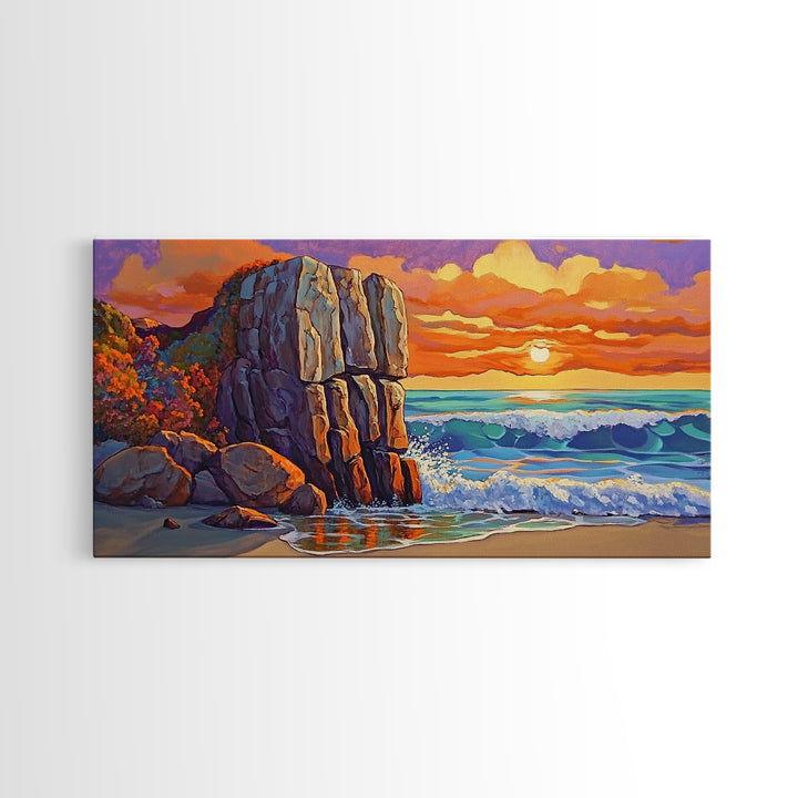 Rock Ocean, Sunset, Waves, Framed Canvas Print, coastal wall decor, bold shoreline art, living room beach style, nature theme