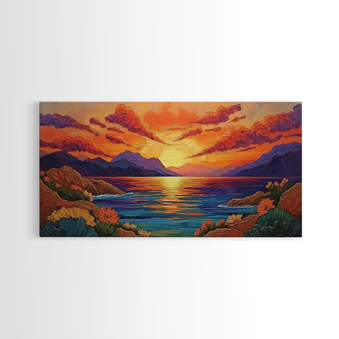 Sunset Coastal, Landscape, Vibrant Colors, Framed Canvas Print, Boho Beach Art, Living Room Wall Decor, Nature Painting, Summer Vibes