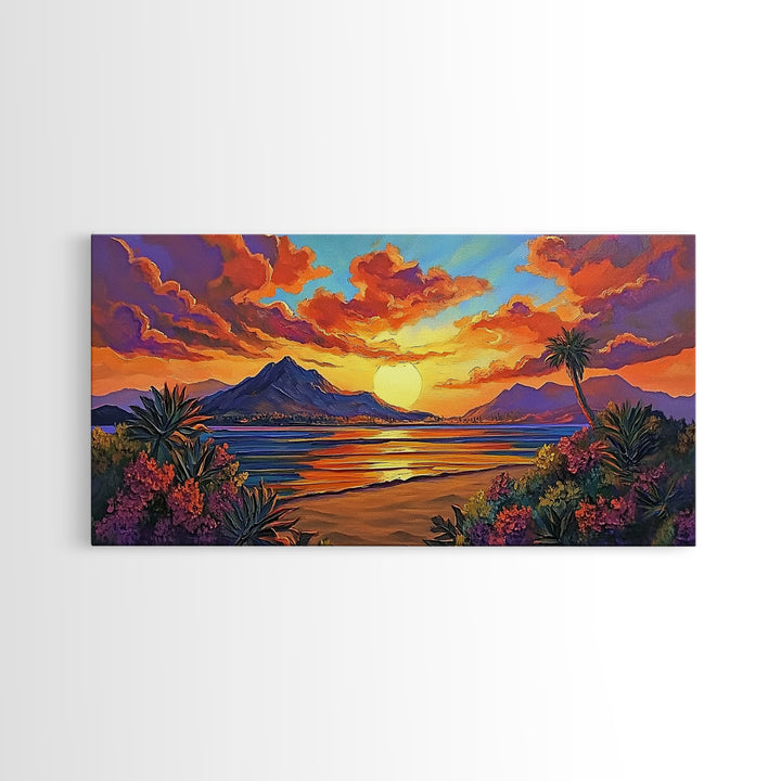 Mountains Tropical, Sunset, Palm Trees, Framed Canvas Print, Bold Landscape Art, Living Room Wall Decor, Sunset View, Boho Decor