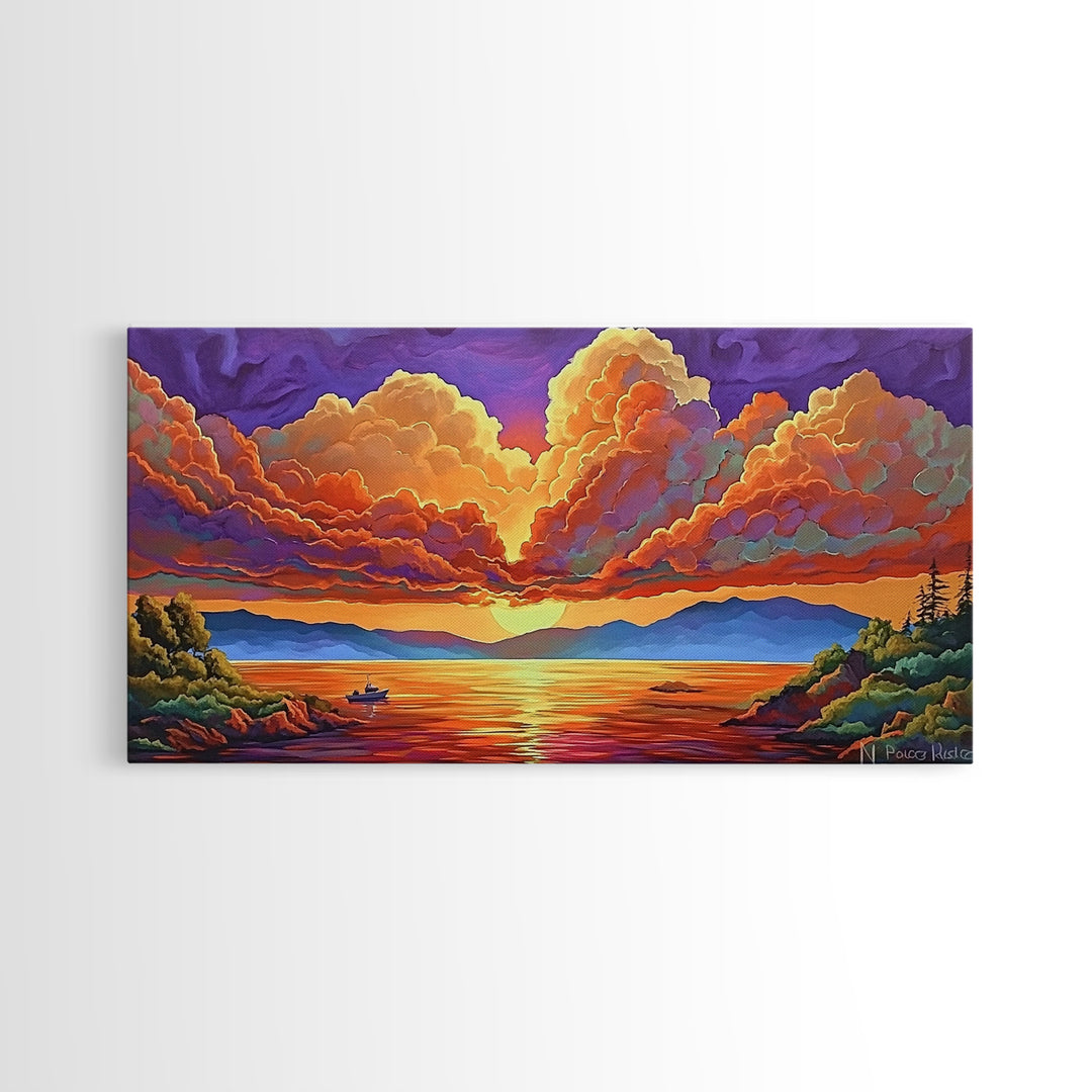 Boat Lake, Dramatic Sky, Sunset Clouds, Framed Canvas Print, Fall Landscape Art, Office Wall Decor, Vibrant Nature Scene, Moody Colors