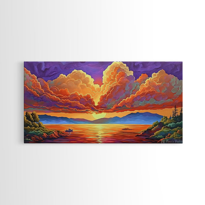 Boat Lake, Dramatic Sky, Sunset Clouds, Framed Canvas Print, Fall Landscape Art, Office Wall Decor, Vibrant Nature Scene, Moody Colors