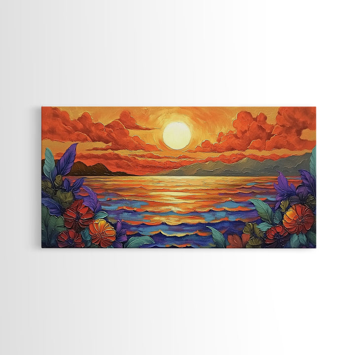 Flowers Sunset, Ocean View, Coastal Bloom, Framed Canvas Print, Vibrant Nature Art, Kitchen Wall Decor, Beach Garden Scene, Bold Colors