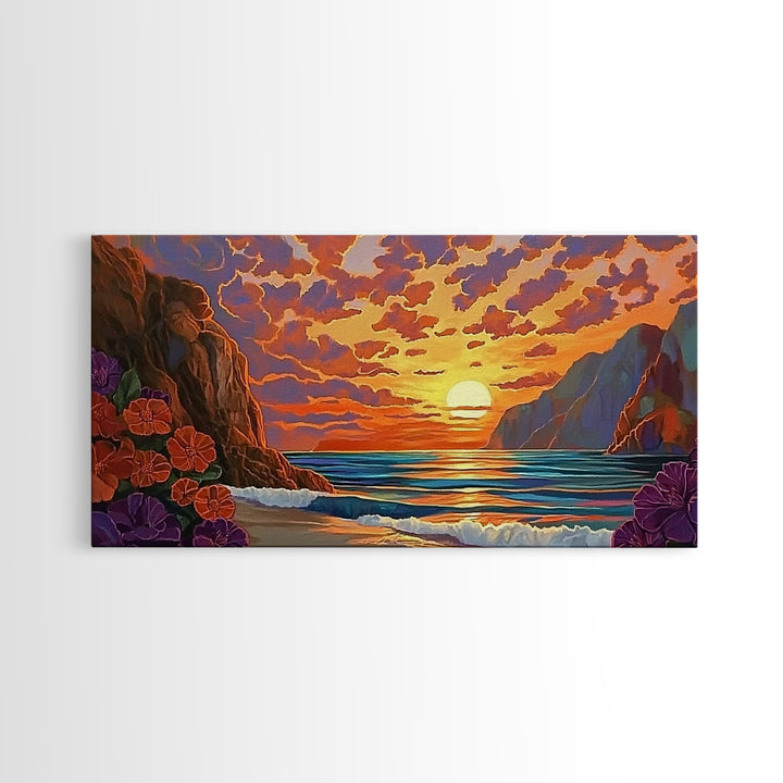 Beach Cliffs, Sunset, Vibrant Sky, Framed Canvas Print, Boho Coastal Art, Bedroom Wall Decor, Ocean View Painting, Tropical Landscape