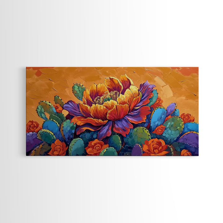 Cactus Bloom, Bold, Flowers, Blooming Cactus Flower Framed Canvas Print, Colorful Botanical Wall Art, Kitchen Boho Decor, Desert Art