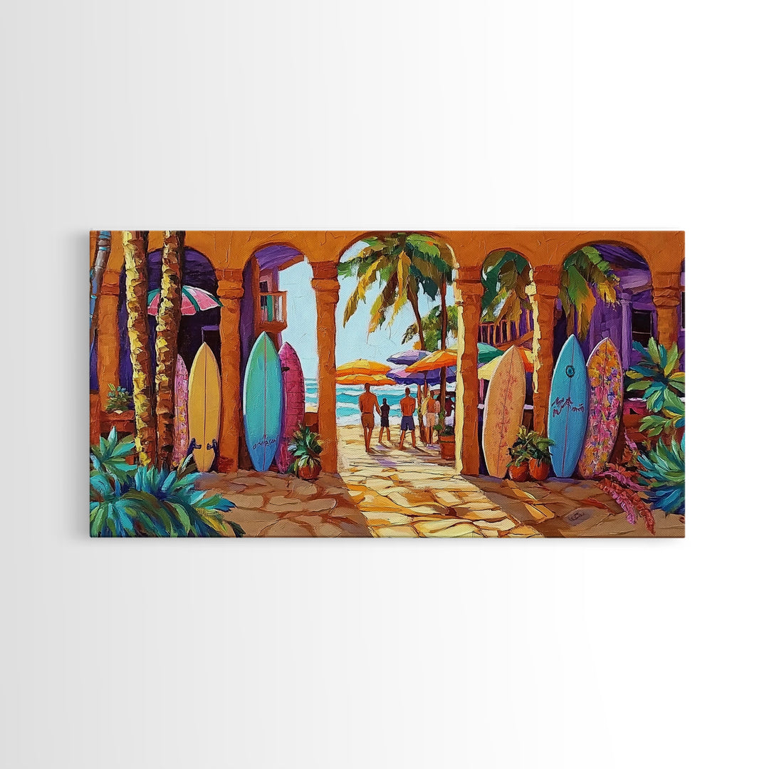 Surfboards Beach, Tropical, Colorful Life, Framed Canvas Print, Coastal Art, Entryway Wall Decor, Surf Shack Vibes, Tropical Summer