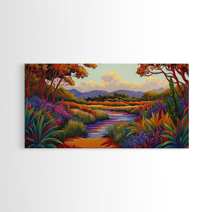 River Wildflowers, Autumn Trees, Mountain View, Framed Canvas Print, Fall Nature Art, Kitchen Wall Decor, Boho Landscape Painting