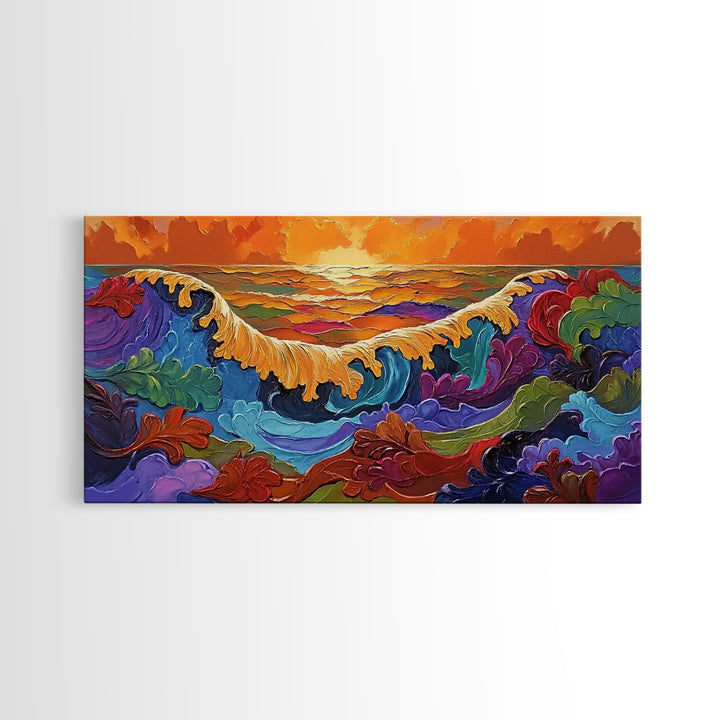 Ocean Abstract, Waves, Sunset, Framed Canvas Print, Surreal Coastal Art, Living Room Wall Decor, Fantasy Seascape, Boho Expressionist