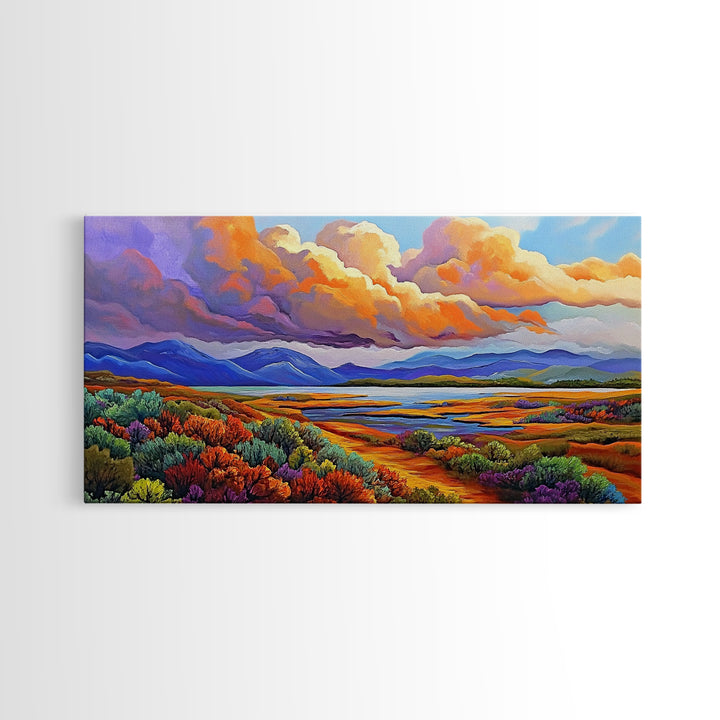Autumn Mountains, Path, Landscape, Framed Canvas Print, serene autumn mountain scene with vibrant clouds, colorful field trail art