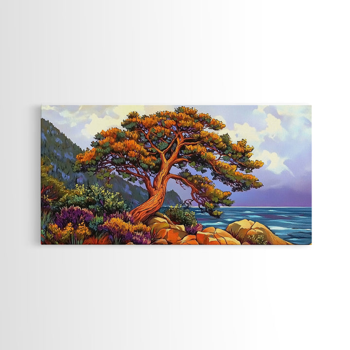 Coastal Tree, Sunset, Ocean, Vibrant tree coastal scene, Canvas Print, Fall Decor, Nature Art, Living Room Wall Art, Earthy Tones