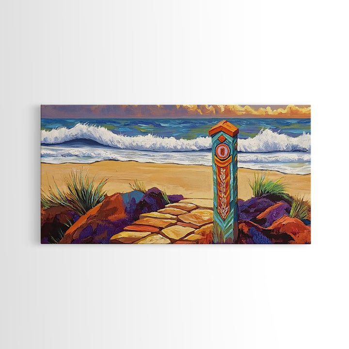 Beach Path, Waves, Nature, Ocean path with pillar, Framed Canvas Print, Coastal Decor, Vibrant Wall Art, Bathroom or Hallway Art