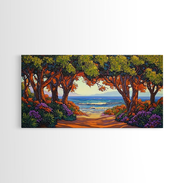 Beach Trees, Tunnel, Ocean, Sunset beach tunnel view, Framed Canvas Print, Coastal Boho Decor, Romantic Seaside Wall Art