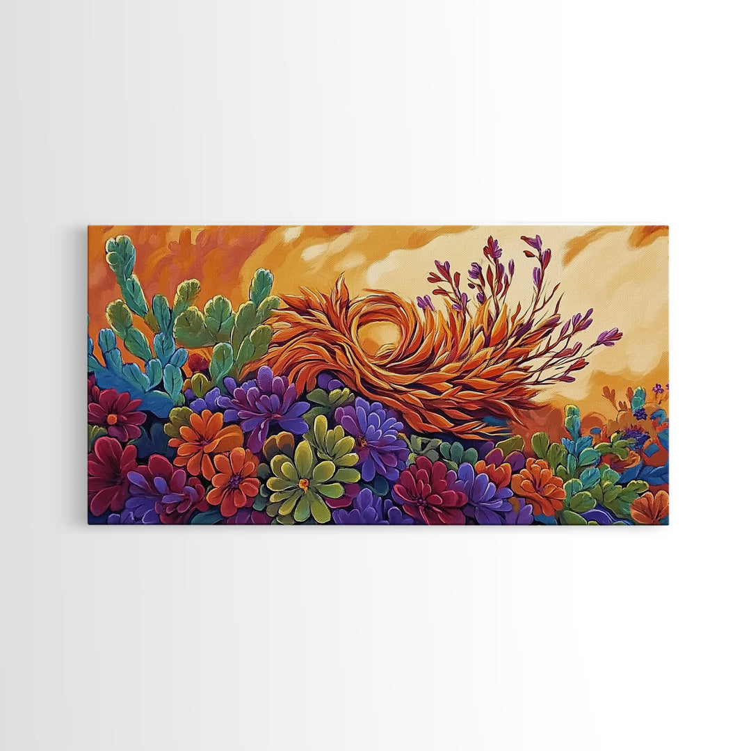 Succulent, Desert, Bloom, Sunset, Framed Canvas Print, Cactus boho art, colorful desert wall decor, Southwestern kitchen wall art