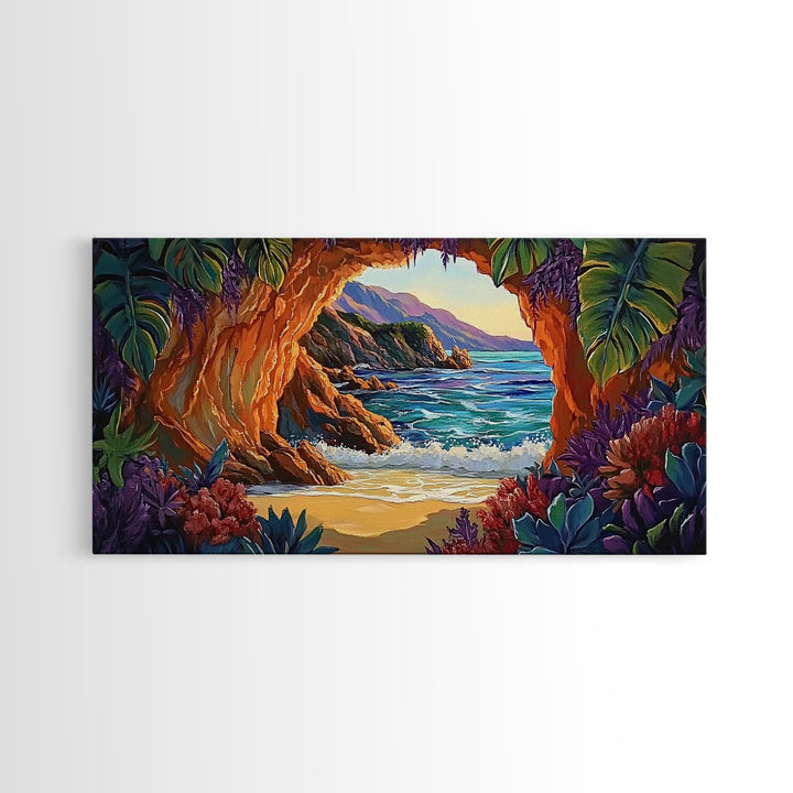 Cave, Beach, Jungle, Ocean, Canvas Print, Coastal jungle scene, tropical beach view, living room or entryway boho wall decor
