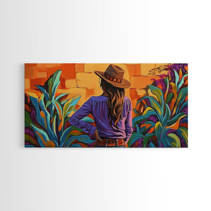 Cowgirl Desert, Vibes, Art, Framed Canvas Print, Western woman cactus wall art, rustic country home decor, southwestern living room