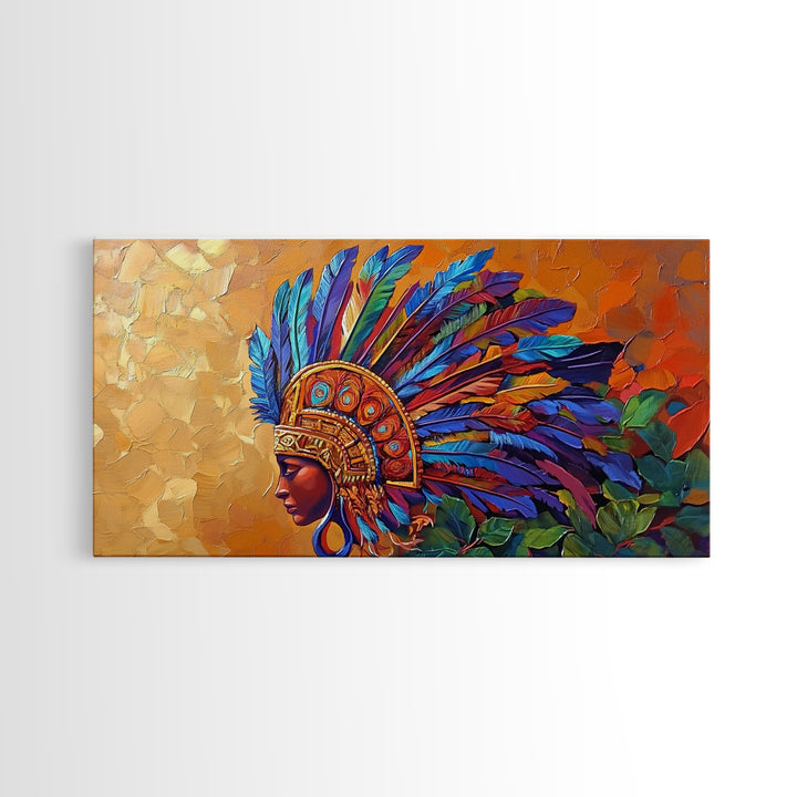 Aztec Warrior, Headpiece, Art, Framed Canvas Print, Indigenous feather headdress wall decor, bold bohemian accent, office statement