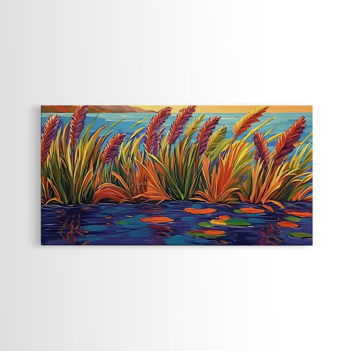 Autumn Lakeside, Grasses, Art, Framed Canvas Print, Fall coastal reed painting, rustic harvest decor, nature print, living room wall