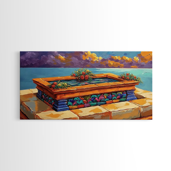 Tile Garden, Water, Feature, Framed Canvas Print Bright terracotta planter wall art, outdoor courtyard or patio decor, folk painting