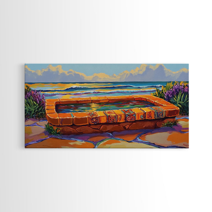 Ocean Terrace, Bath, Scene, Framed Canvas Print Mexican tile spa ocean view, tropical coastal wall art, vibrant bathroom or garden print