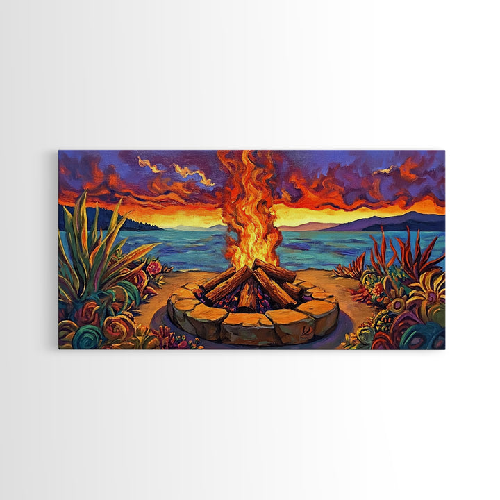 Campfire Desert, Sunset, Fiery Skies, bold landscape Canvas Print, autumn outdoor art, cozy rustic living room wall décor