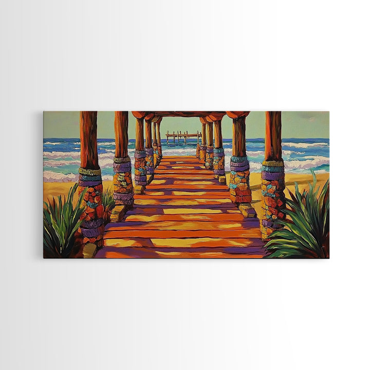 Pier Beach, Sunset, Vibrant, Canvas Print tropical coastal wall art, beach hallway decor, ocean waves painting, summer home artwork