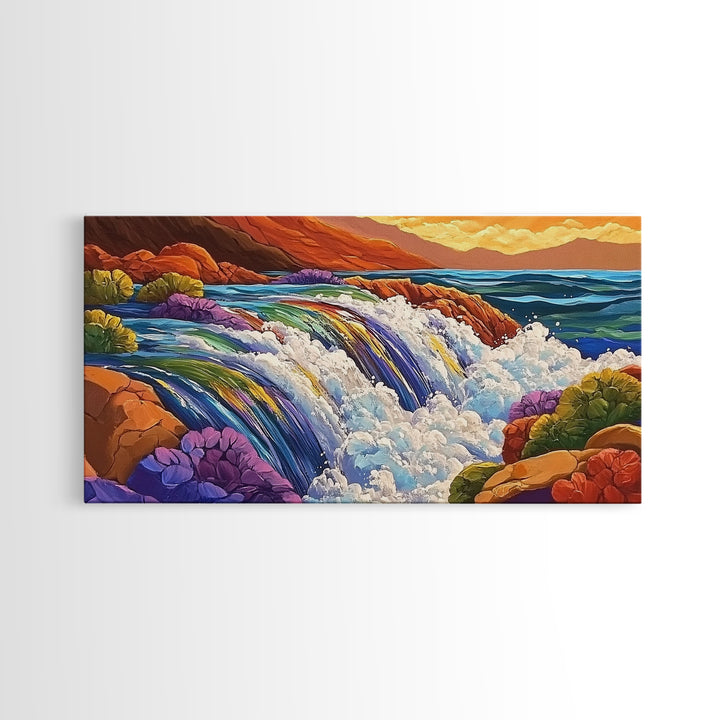 Waterfall Rainbow, Canyon, Bold, Framed Canvas Print vibrant nature bathroom decor, boho rainbow mountain wall art, fantasy print
